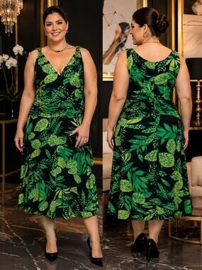 Studio AA 18W Green Black Tropical Print Ruched Midi Dress Plus Size
